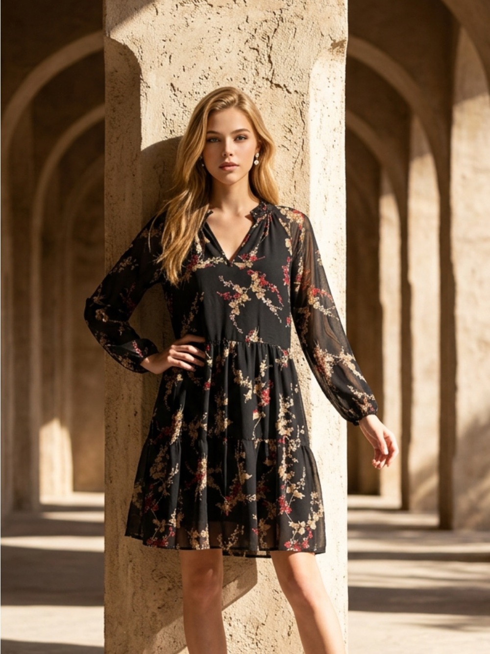 Anne Klein Black Floral Tiered V-Neck Midi Dress